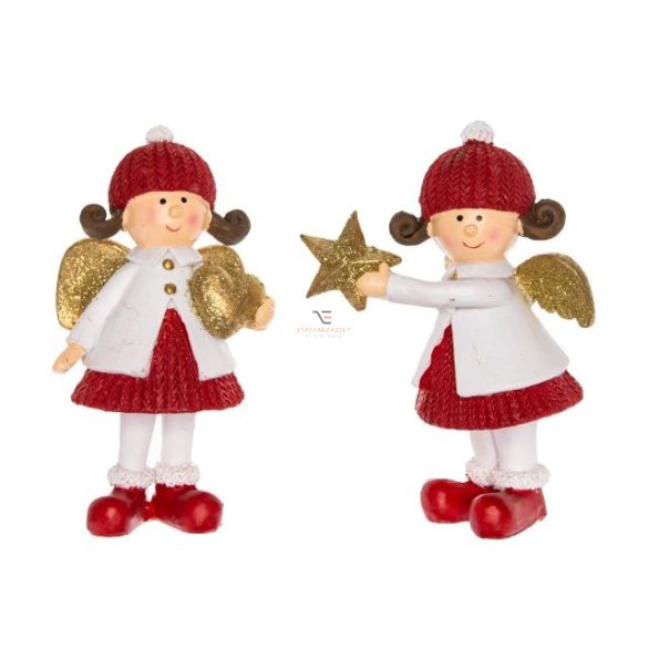 Angyal csillaggal,szívvel álló poly 5,5x4x9cm piros/fehér/arany 2 féle karácsonyi figura