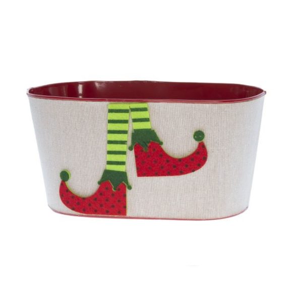 Karácsonyi Kaspó ovális textil bevonattal Manóláb minta bádog, filc 20.5x11.5x13 cm bézs