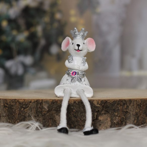 Egér lány lógólábú poly 9,2x4,6x4cm fehér,ezüst karácsonyi figura