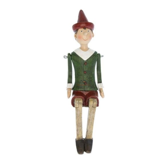 Pinokkió ülő poly 6,5x10x20cm piros,zöld karácsonyi figura