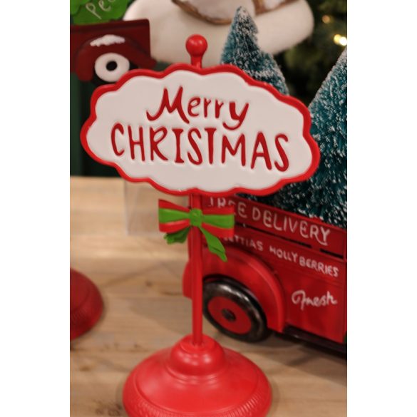 Tábla Merry Christmas fém 22,5x15,5x39 cm piros/fehér karácsonyi figura