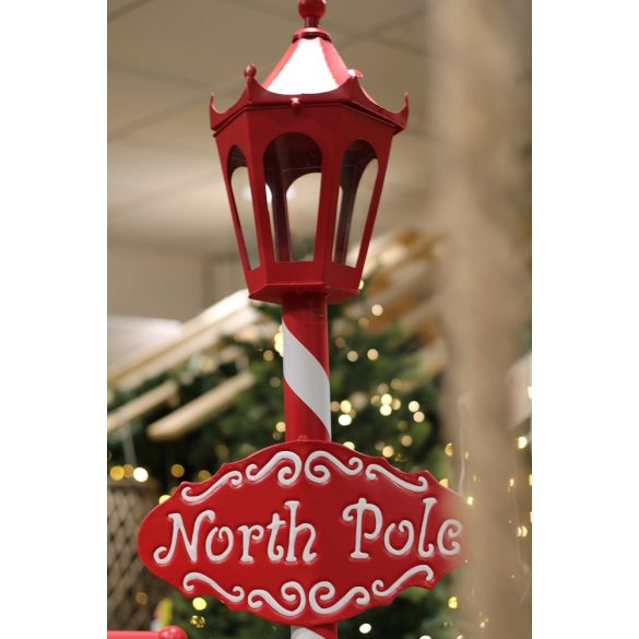 Kandeláber táblával LED világítással fém 36x24x152 cm piros/fehér csíkos karácsonyi figura