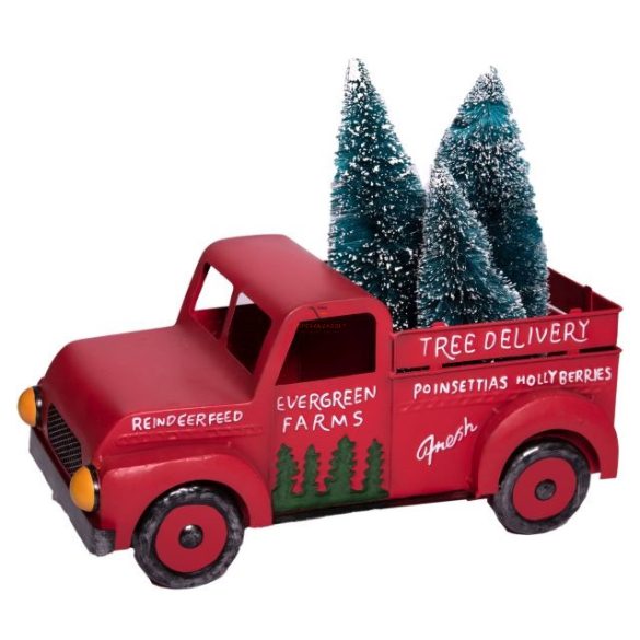 Teherautó fenyővel fém 45,5x24,5x35 cm piros karácsonyi figura