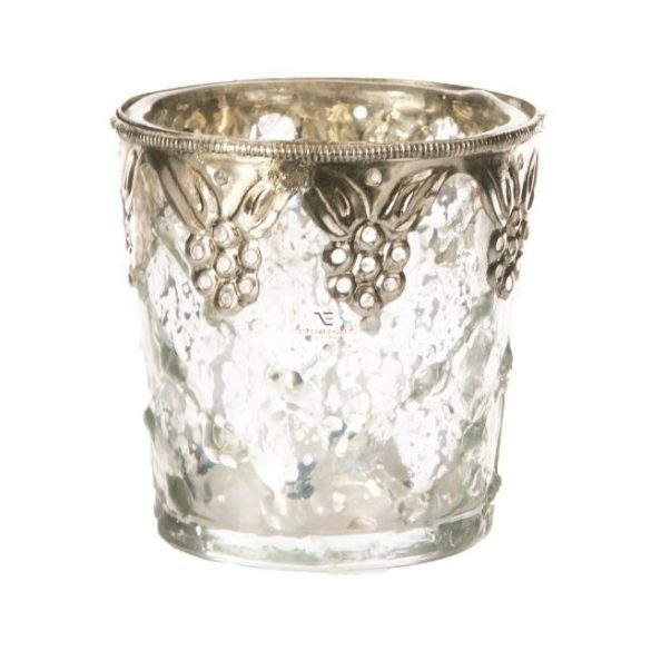 Mécsestartó fém virágos berakással üveg 8x8x8cm átlátszó,ezüst