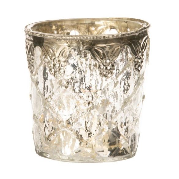 Mécsestartó fém virágos berakással üveg 10x10 x11cm átlátszó,ezüst