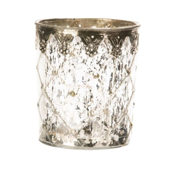 Mécsestartó fém virágos berakással üveg 13x13x15cm átlátszó,ezüst
