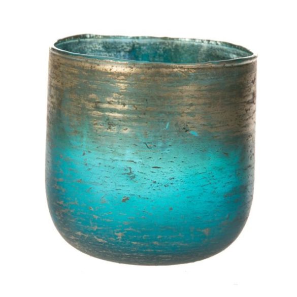 Mécsestartó kerek üveg 14x13cm kék,ezüst