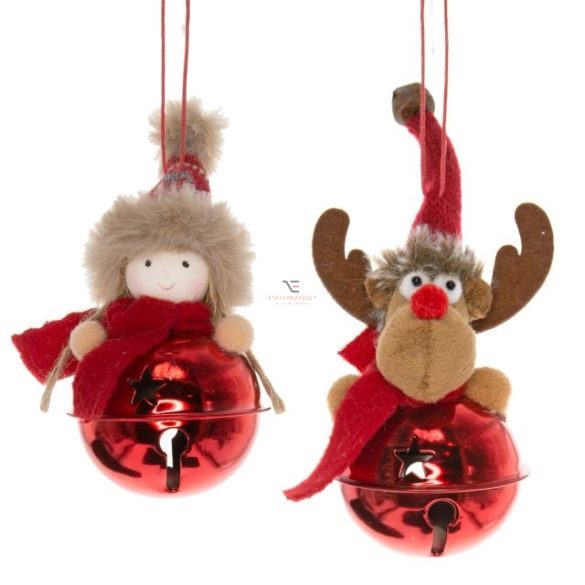 Csengő szarvassal, gyerekkel akasztós textil,fém 16 cm piros 2 féle textil karácsonyfadísz
