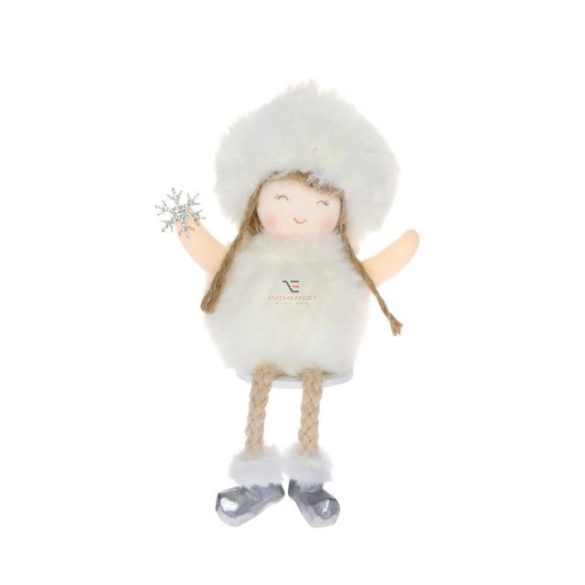 Kislány szőrme sapkában lógólábú textil 13 cm fehér karácsonyi figura