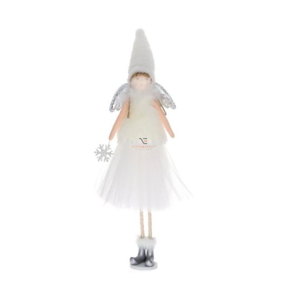 Angyal álló textil 35 cm fehér,ezüst karácsonyi figura