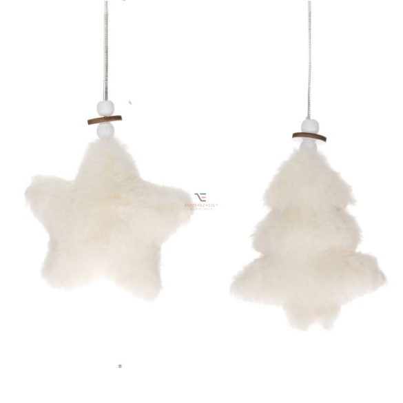 Csillag,fenyőfa akasztós plüss 11,5x10x3,5 cm 2 féle fehér textil karácsonyfadísz