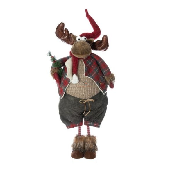 Szarvas pocakos, álló Led-es fenyőággal textil 55x40x165cm bordó karácsonyi figura