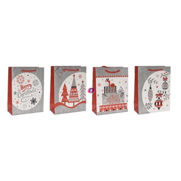 Tasak Karácsonyi mintával glitteres papír 31x44x12 cm piros, szürke, fehér 4 féle 1db-os