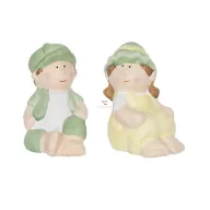   Gyerek fiú,lány sapkában ülő kerámia 4,74x6,7x8,5cm sárga, zöld 2 féle