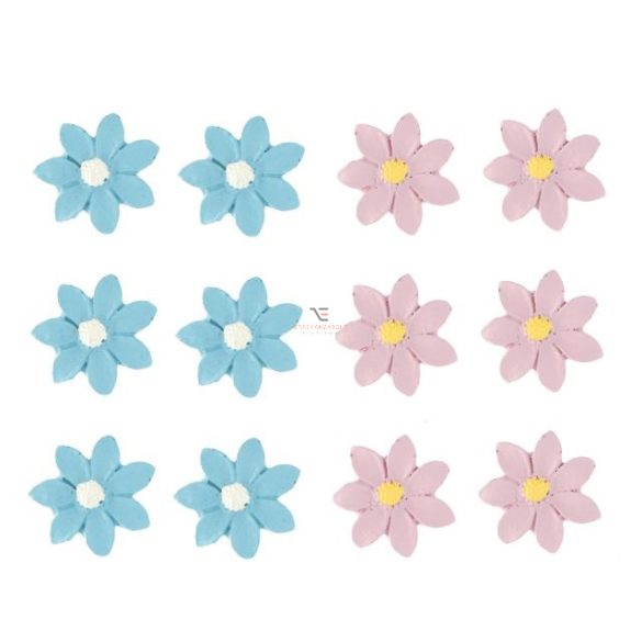 Virág öntapadós poly 2,7x2,6x0,3cm rózsaszín,kék 12 db-os szett