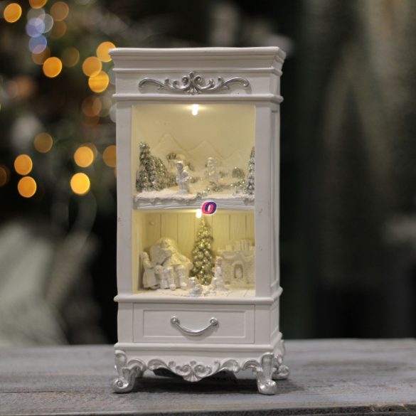 Dioráma szekrény téli jelenttel LEDes elemes poly 13, 5x9x26, 3 cm fehér, ezüst