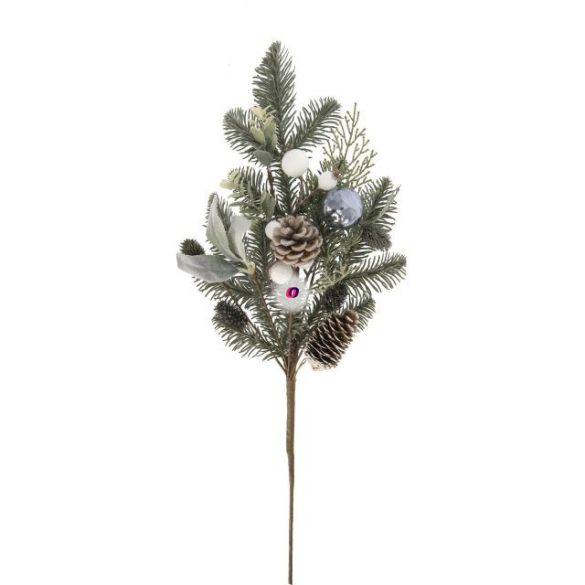 Fenyő ág tobozzal bogyókkal díszített betűzős műanyag 60 cm zöld, fehér