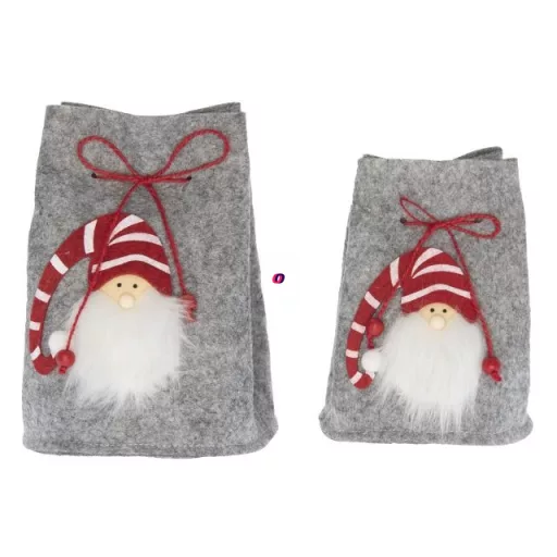 Zsák manóval textil/filc 10, 5x13x17 cm/9x11x14 cm szürke, piros 2 db-os szett