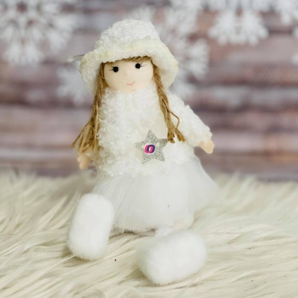 Kislány kalapban lógólábú textil 20 cm fehér 2 féle