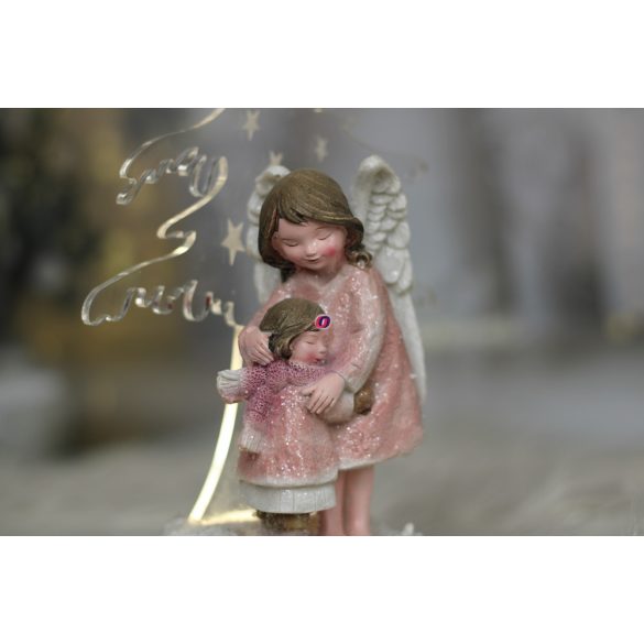 Gyerek angyallal plexi fenyővel LED világítással poly 14x10x32 cm szürke, rózsaszín