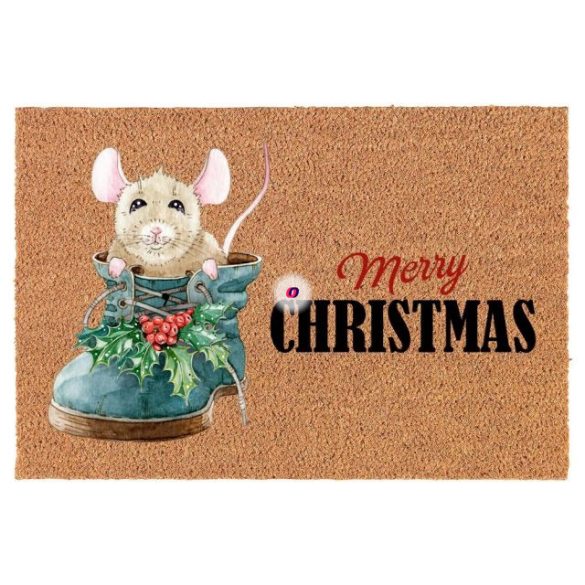 Lábtörlő egérkével Merry Christmas felirattal kókuszrost 40x60 cm natúr