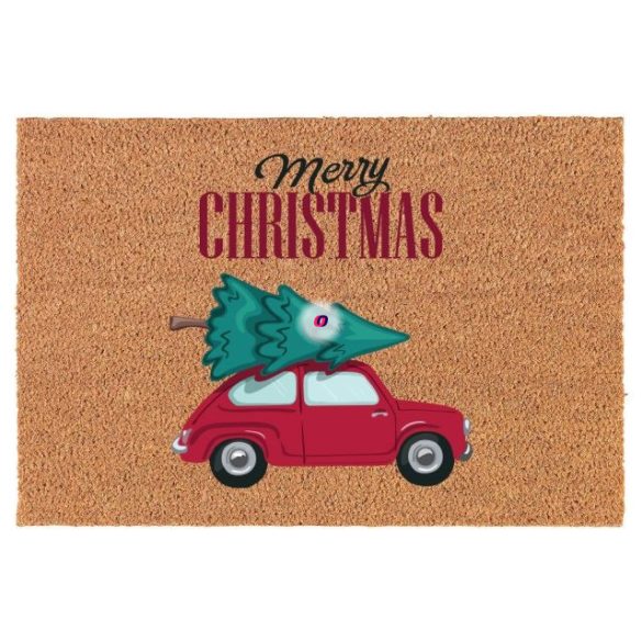 Lábtörlő autóval Merry Christmas felirattal kókuszrost 40x60 cm natúr