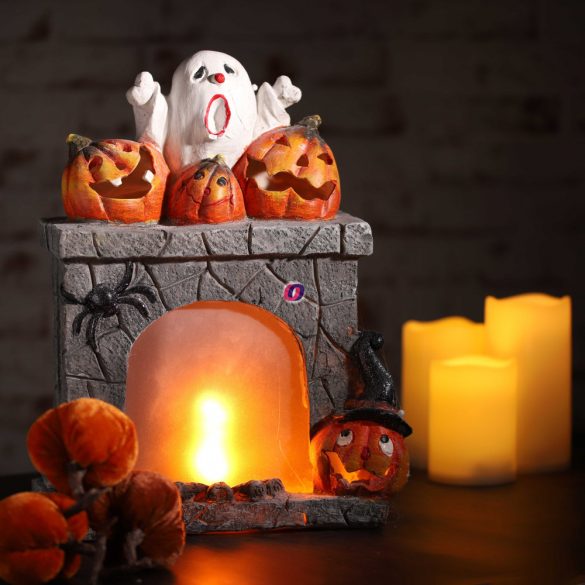 XL Halloweeni Kandalló tökkel, szellemes lobogó effekttel 37 cm