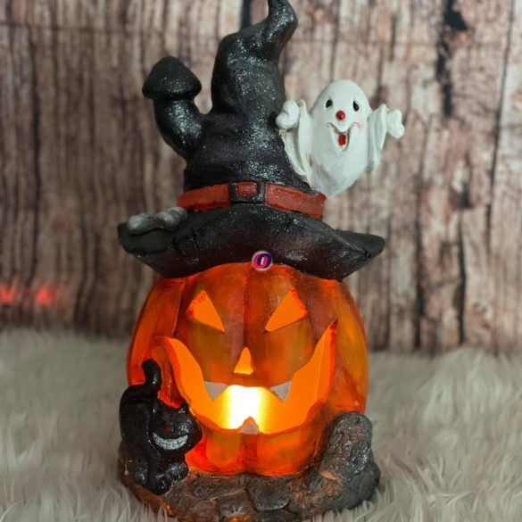 XL Halloweeni Tök szellemmel, fekete macskával LED-es lobogó effekttel 40 cm