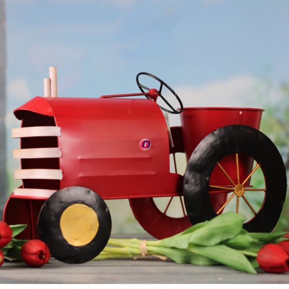 Traktor álló kaspóval fém 39x16,5x27cm piros