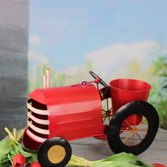 Traktor álló kaspóval fém 39x16,5x27cm piros