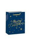Karácsonyi Dísztasak csillagokkal, Merry Christmas felirattal papír 18x23x10cm kék, arany