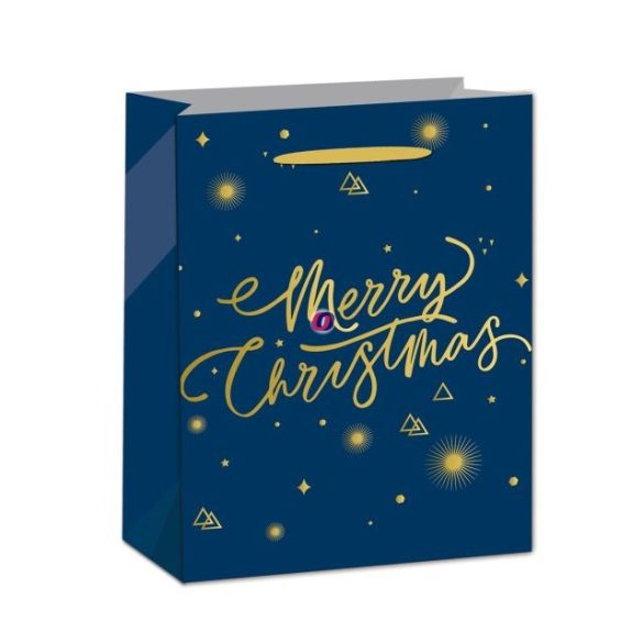 Karácsonyi Dísztasak csillagokkal, Merry Christmas felirattal papír 18x23x10cm kék, arany