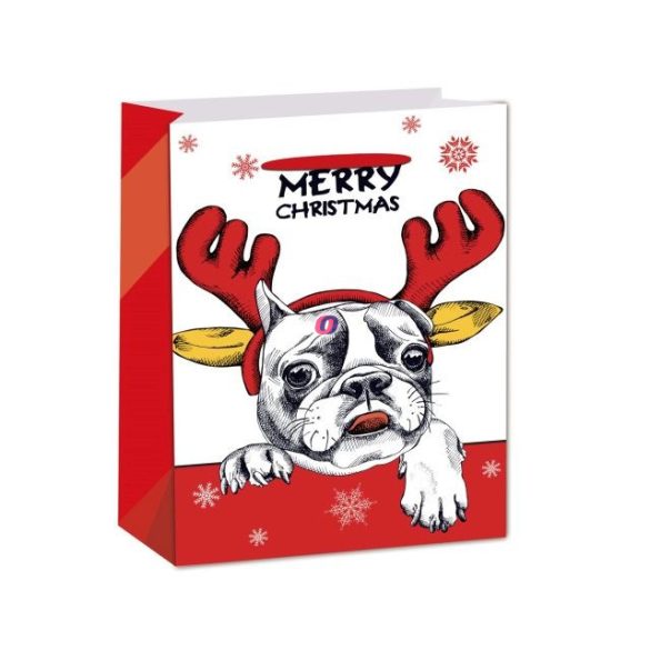 Karácsonyi Dísztasak hópihés, kutyával papír 31x42x12cm piros, fehér, fekete