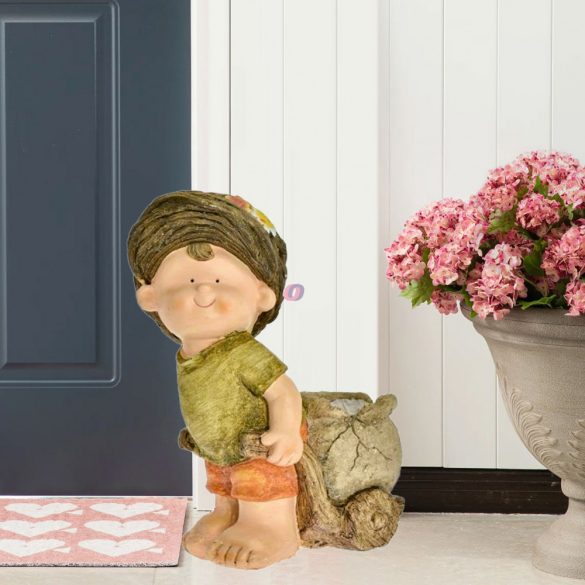 Nagyméretű Kerti figura kisfiú sapkában, talicskával 37 cm