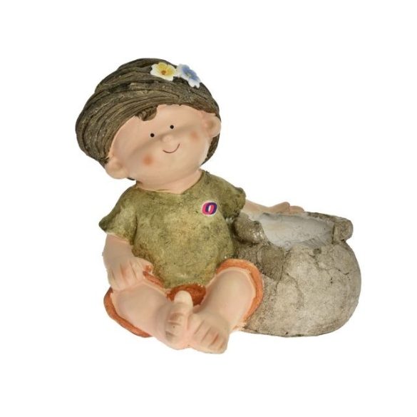 Kerti figura kisfiú virágos sapkában ültethető kaspóval 32 cm
