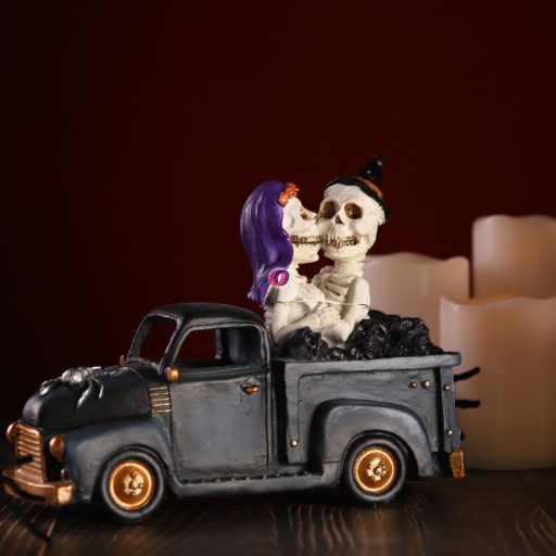 Halloweeni csontváz pár autóval 25 cm LED-es