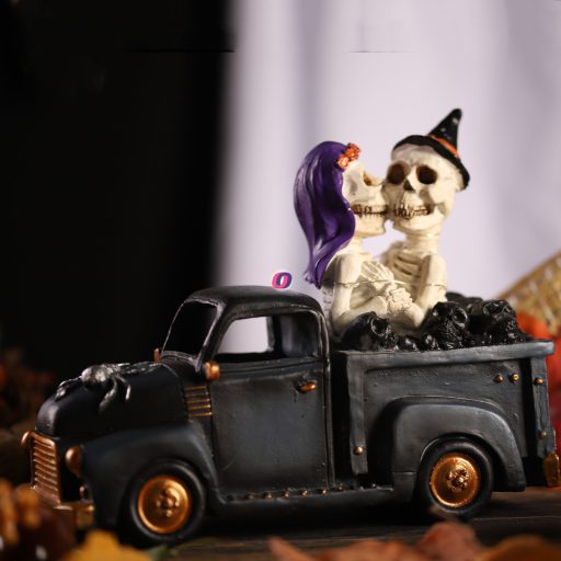 Halloweeni csontváz pár autóval 25 cm LED-es