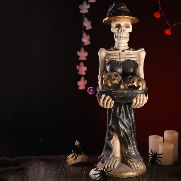 XXL Halloweeni csontváz lány figura tökkel 81 cm LED-es