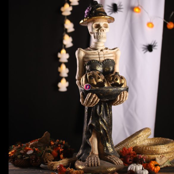 XXL Halloweeni csontváz lány figura tökkel 81 cm LED-es