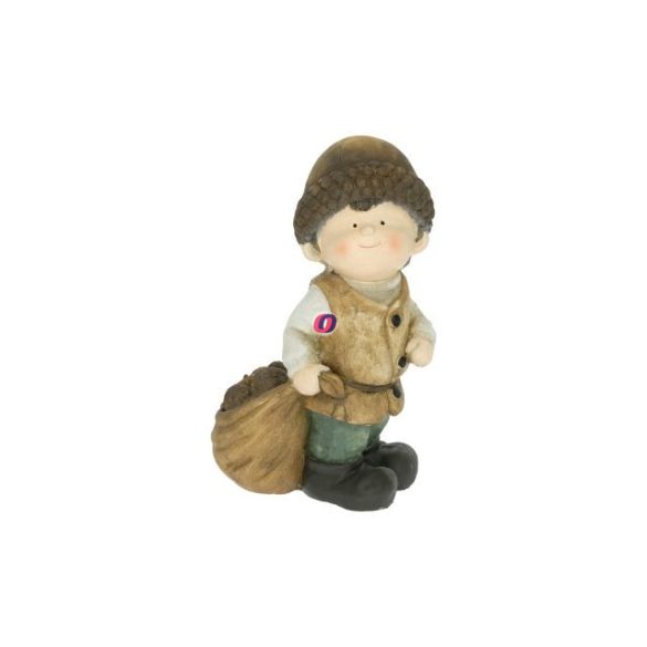 XL Őszi kisfiú figura zsákkal, makkal 38 cm kerámia