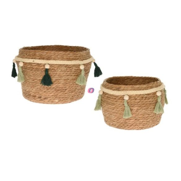 Kosár bojtokkal vessző 32x24x29 cm natúr 2 db-os
