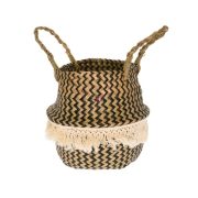   Kosár füllel mintás rojtokkal vessző 18x19x21 cm natúr, fekete