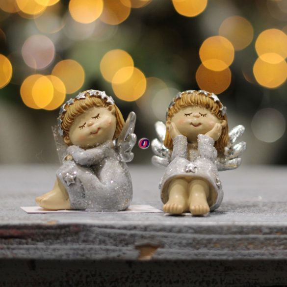 Karácsonyi angyal ülő glitteres poly 5x5x6 cm szürke, ezüst 2 féle