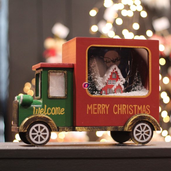 Karácsonyi kamion világító,havazó,zenélő-elektromos műanyag 30x15,5x22cm piros
