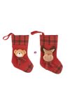 Zokni karácsonyi macival, szarvassal textil 25cm piros 2 féle