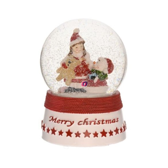 Karácsonyi hógömb merry christmas felirattal poly, üveg 10,5x10,5x14,5 cm piros, fehér