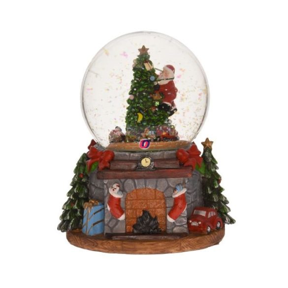 Karácsonyi hógömb kandallóval zenél, világít  poly, üveg 17,5x16x19,5 cm színes