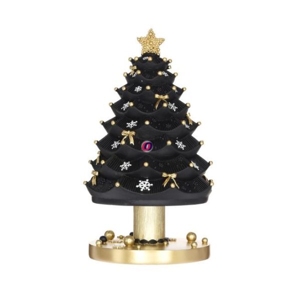 Karácsonyfa csillaggal masnikkal forgó, zenélő poly 11,5x11,5x20,5 cm fekete, arany