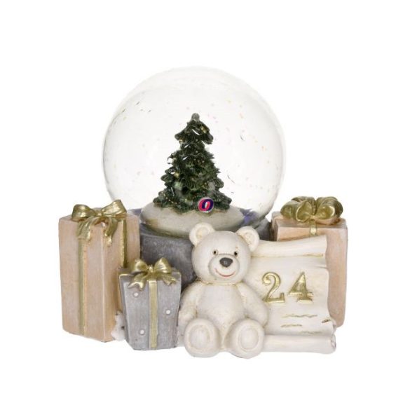 Karácsonyi hógömb ajándékokkal poly 11x9x9cm fehér, szürke