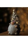 Karácsonyi Manó toboz sapkában LED világítással kerámia 8,5x8,5x18 cm ezüst, barna